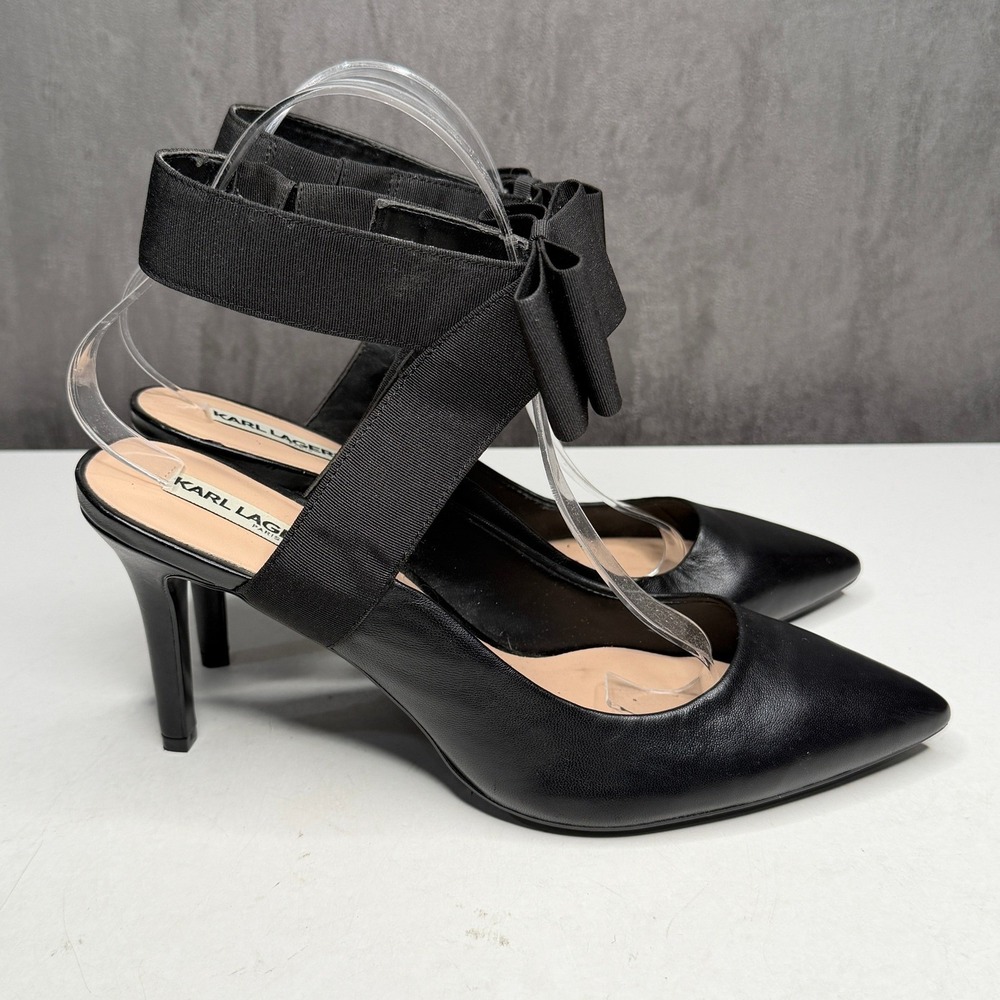Karl Lagerfeld Robin Pumps Womens 9 Black Leather Pointed Toe Bow Ankle‎ Strap